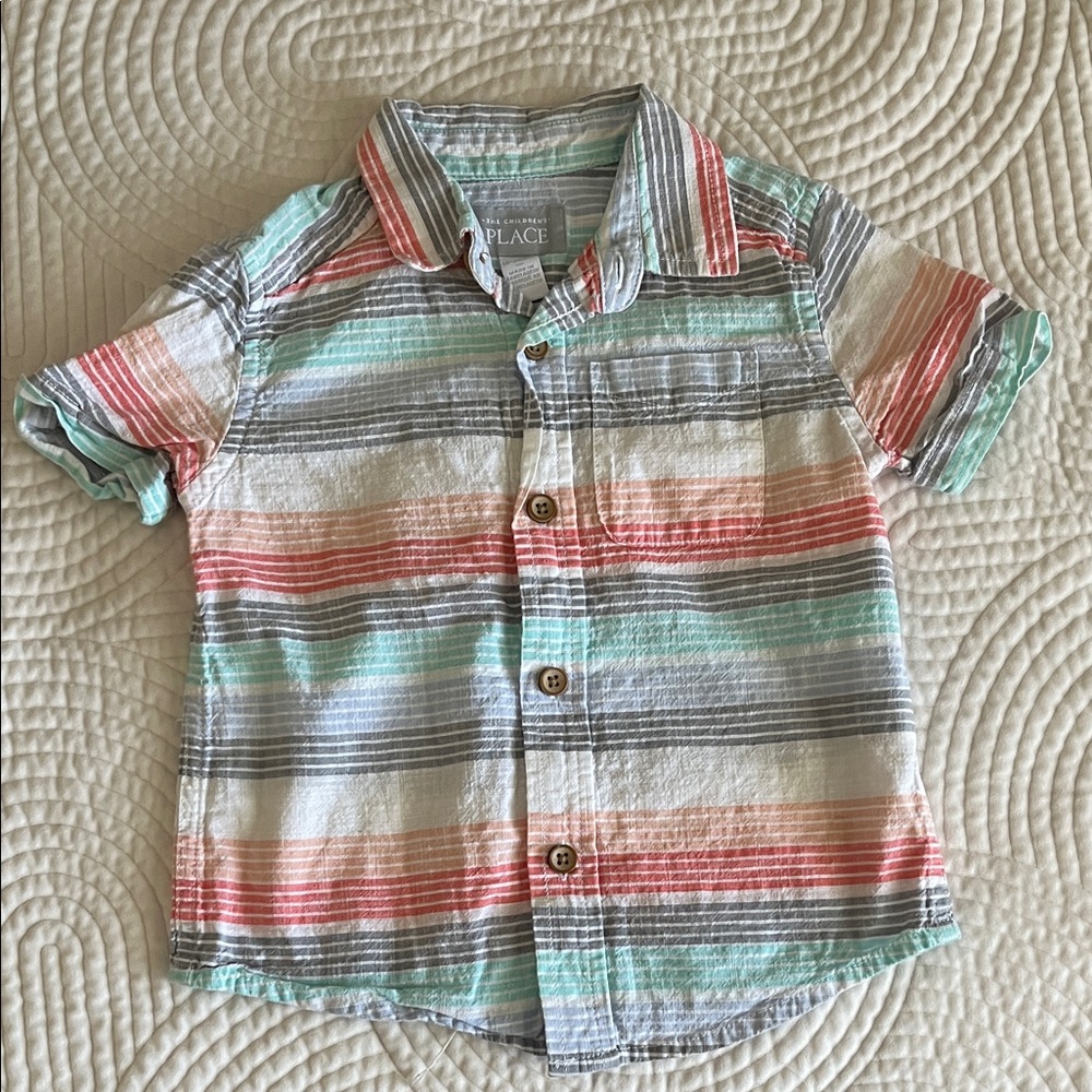 The Children's Place Striped Button Down Shirt - Red, Green, Gray
